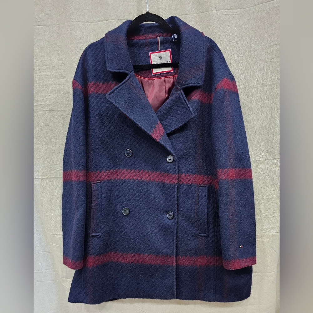 Tommy Hilfiger Women's Navy and Burgundy Plaid Wool Pea Coat Size XL
